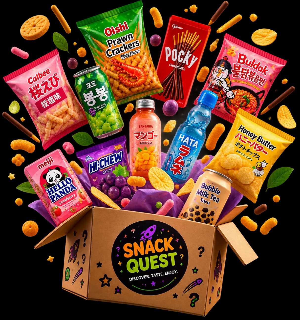 A Snack Quest box with Japanese, Korean and Thai snacks bursting out of it.