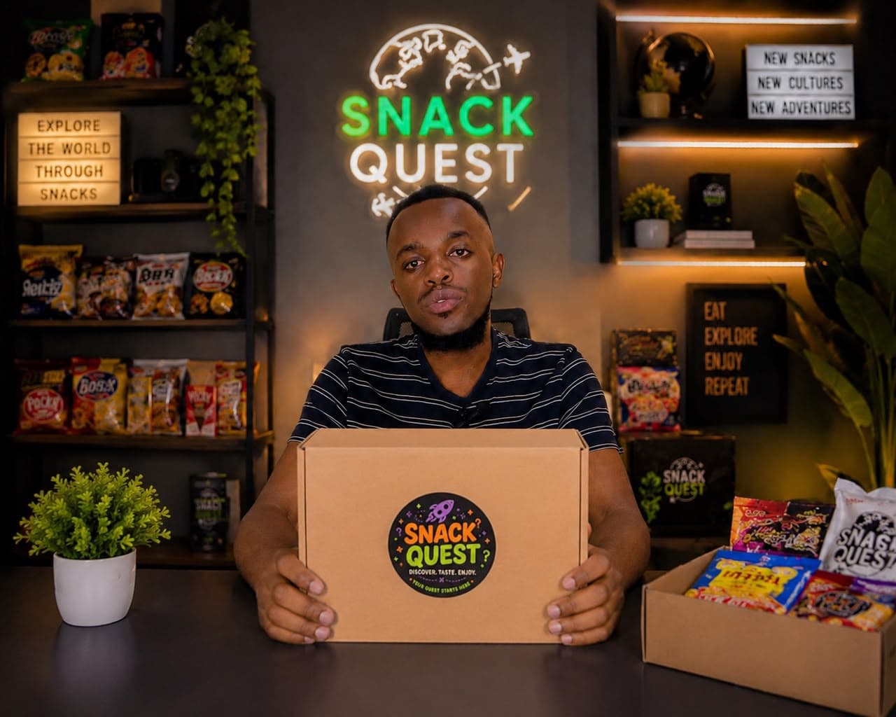 Kelvin, founder of Snack Quest, holding a snack box.